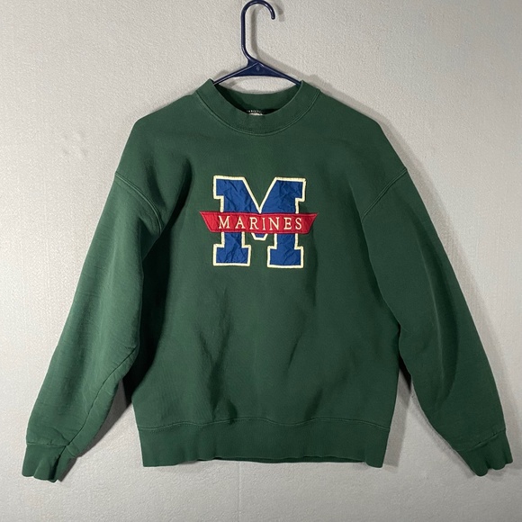 Vintage Marines Block M Spellout Pullover Sweatshirt Green USA Made Mens Large - Picture 1 of 10